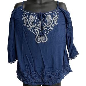 Xhilaration Tunic Top Size S Blue Embroidered Cold Shoulder Boho Chic Rayon